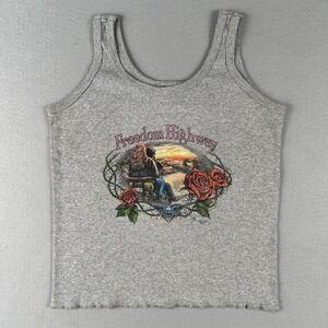 Vintage Y2K Biker Tank Top Women's Large Gray Ribbed Freedom Highway Roses 2000